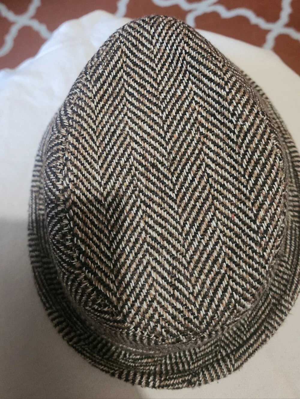 Herringbone Pattern Fedora Hat - Black & Cream, with hint light brown